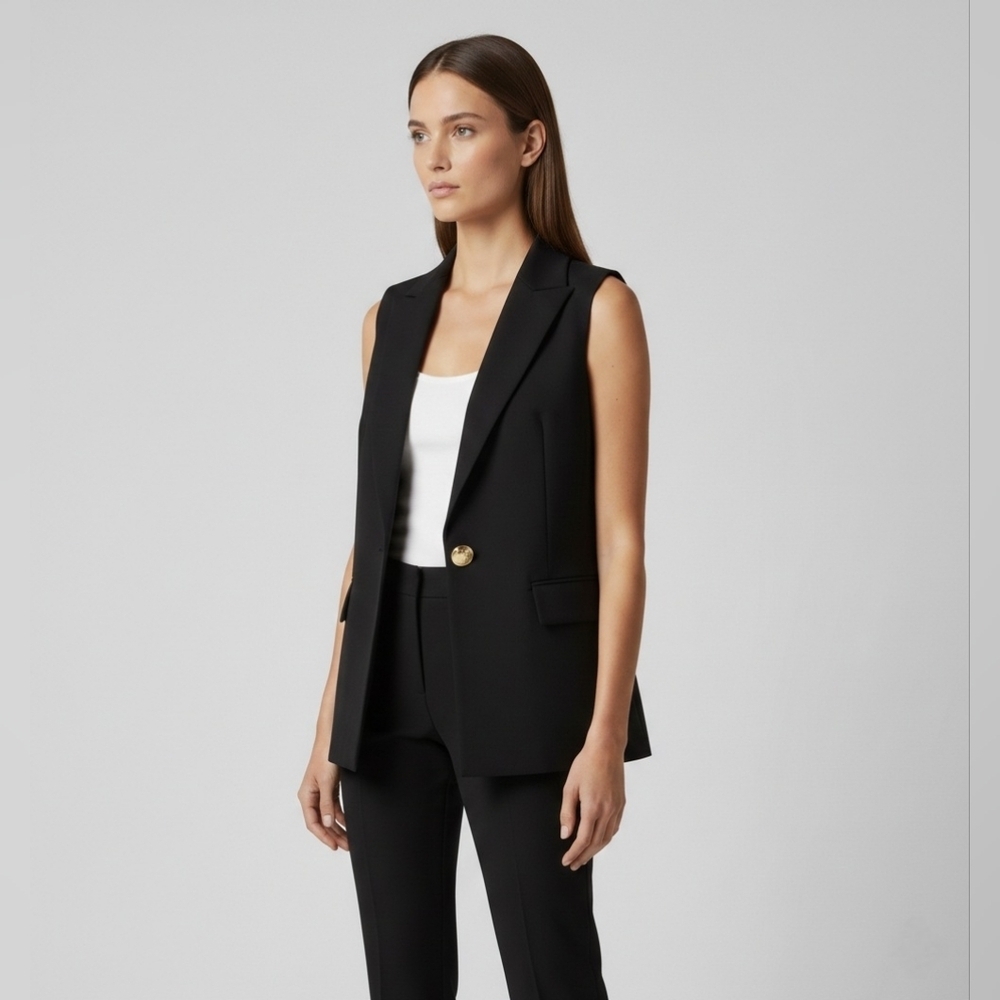 Club Monaco Long Tailored Blazer Vest S Black Gold Button Sleeveless Chic 80s